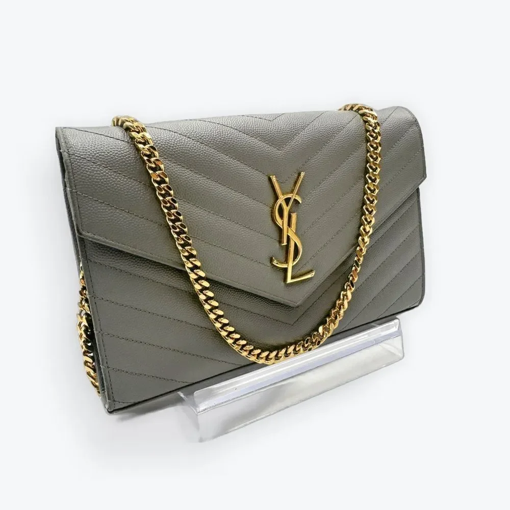 Auth Saint Laurent Gray Caviar Quilted Cassandre Wallet On Chain (WOC) Clutch